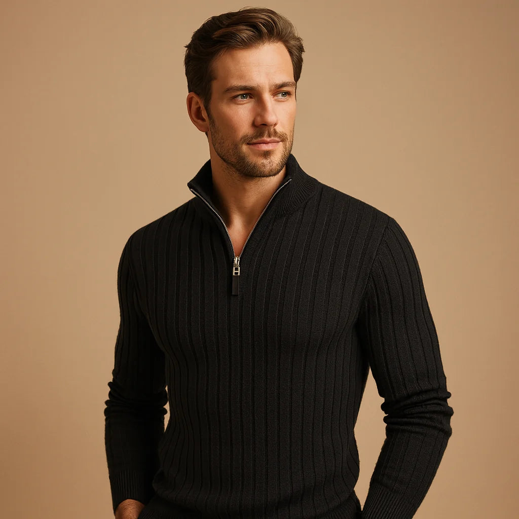 Men's Ribbed Half-Zip Sweater Stand-Collar Autumn Layer 2