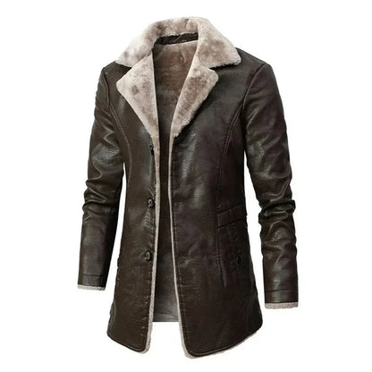 Men's Shearling-Lined PU Leather Coat | Longline Winter Jacket 0