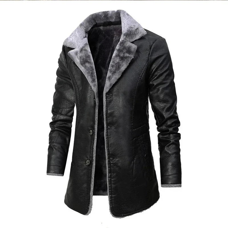 Men's Shearling-Lined PU Leather Coat | Longline Winter Jacket 1