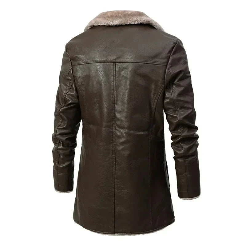 Men's Shearling-Lined PU Leather Coat | Longline Winter Jacket 2