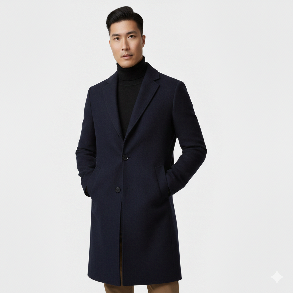 Men's Slim-Fit Single-Breasted Long Overcoat Knee-Length 0