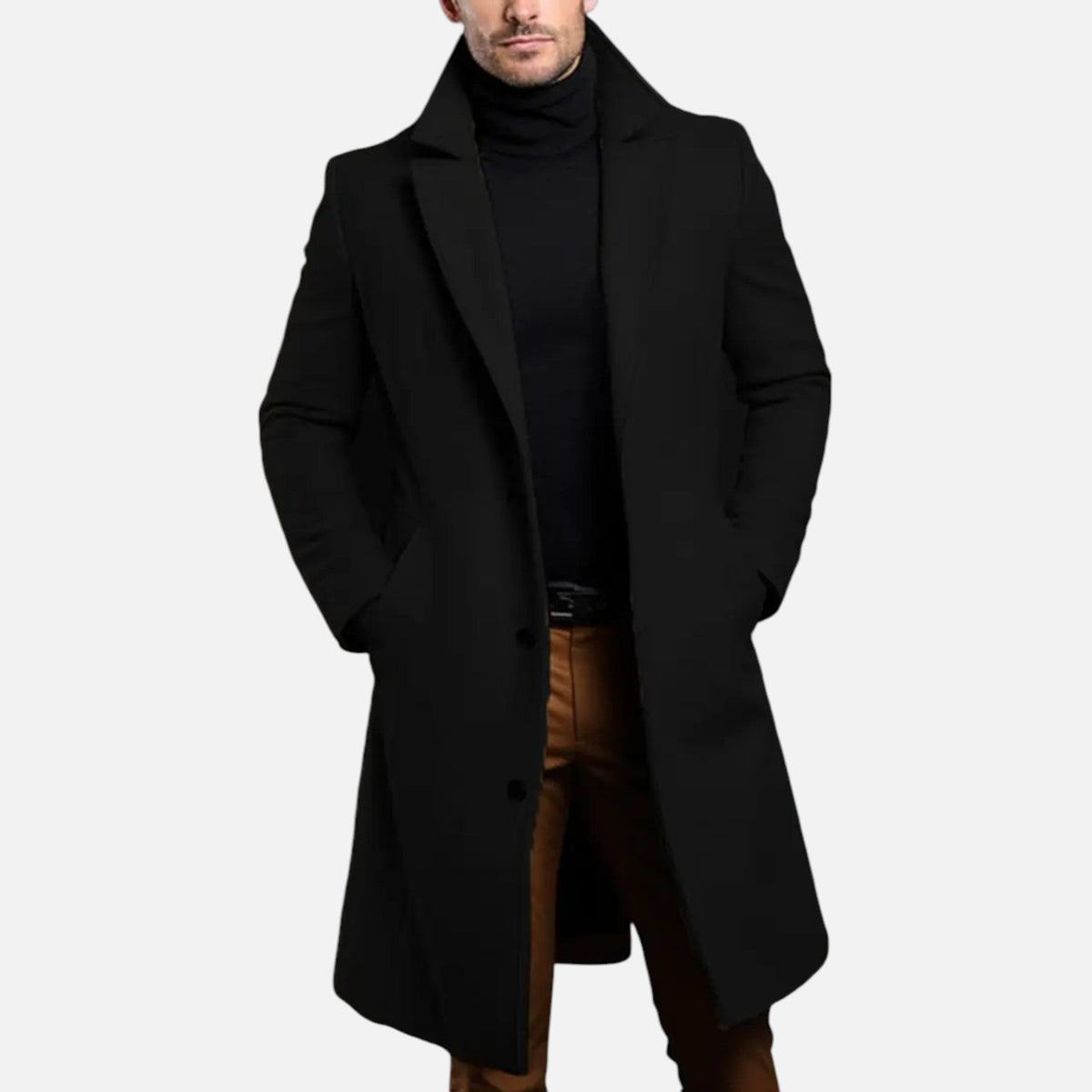 Men's Slim-Fit Single-Breasted Long Overcoat Knee-Length 1