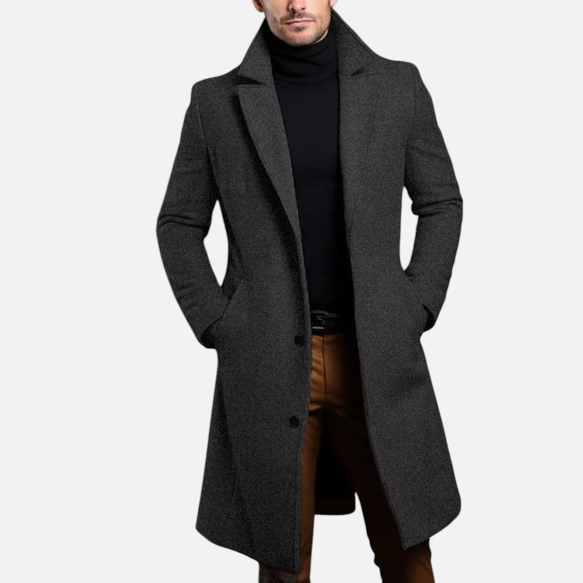 Men's Slim-Fit Single-Breasted Long Overcoat Knee-Length 2