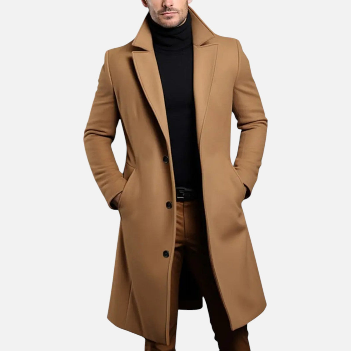 Men's Slim-Fit Single-Breasted Long Overcoat Knee-Length 3