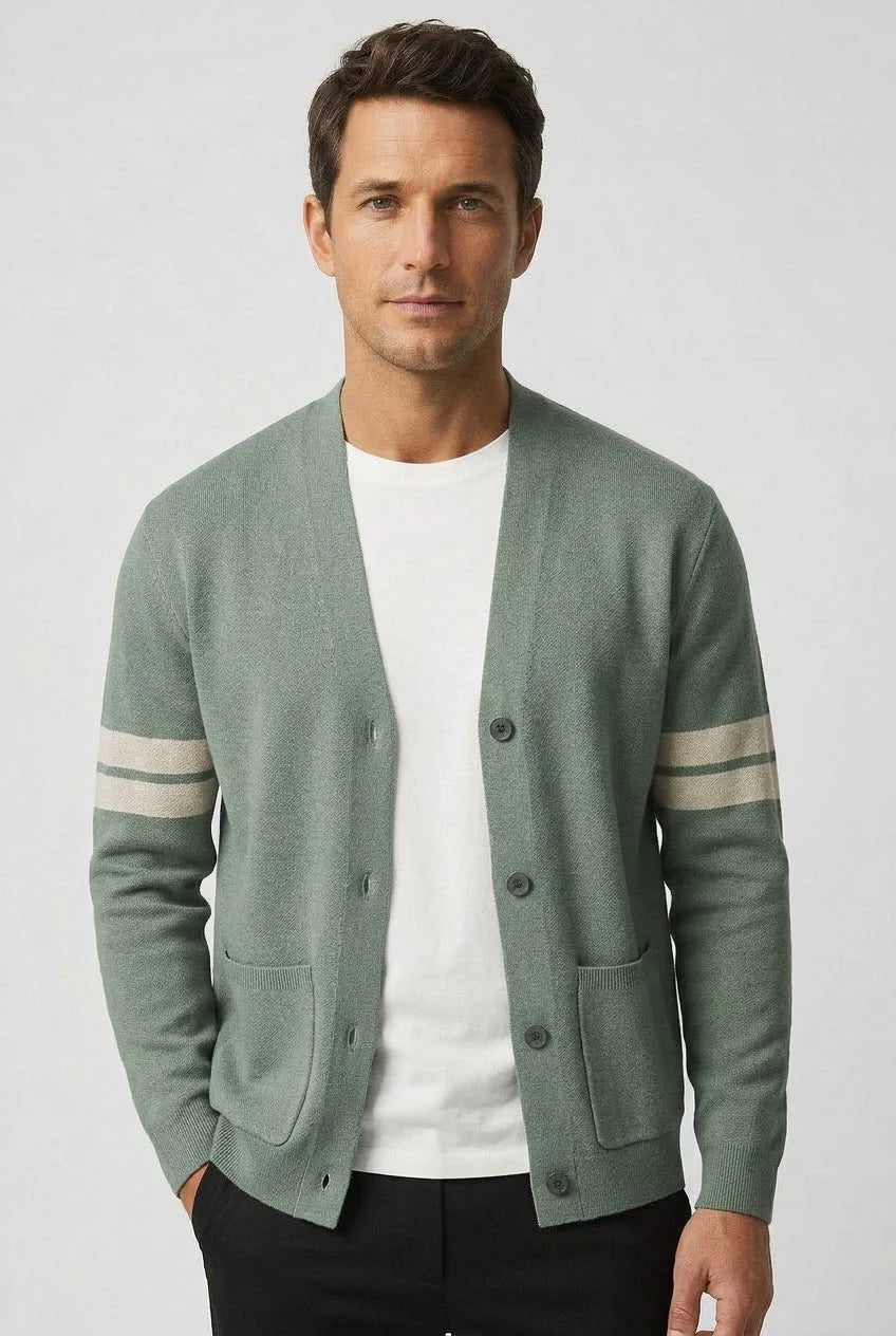 Men's Striped Knitted Cardigan | Button-Front V-Neck Sweater 0