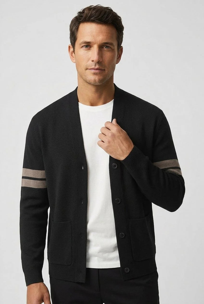 Men's Striped Knitted Cardigan | Button-Front V-Neck Sweater 1
