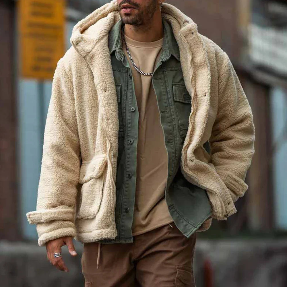 Men's Teddy Fleece Hooded Jacket Warm Casual Layer 1