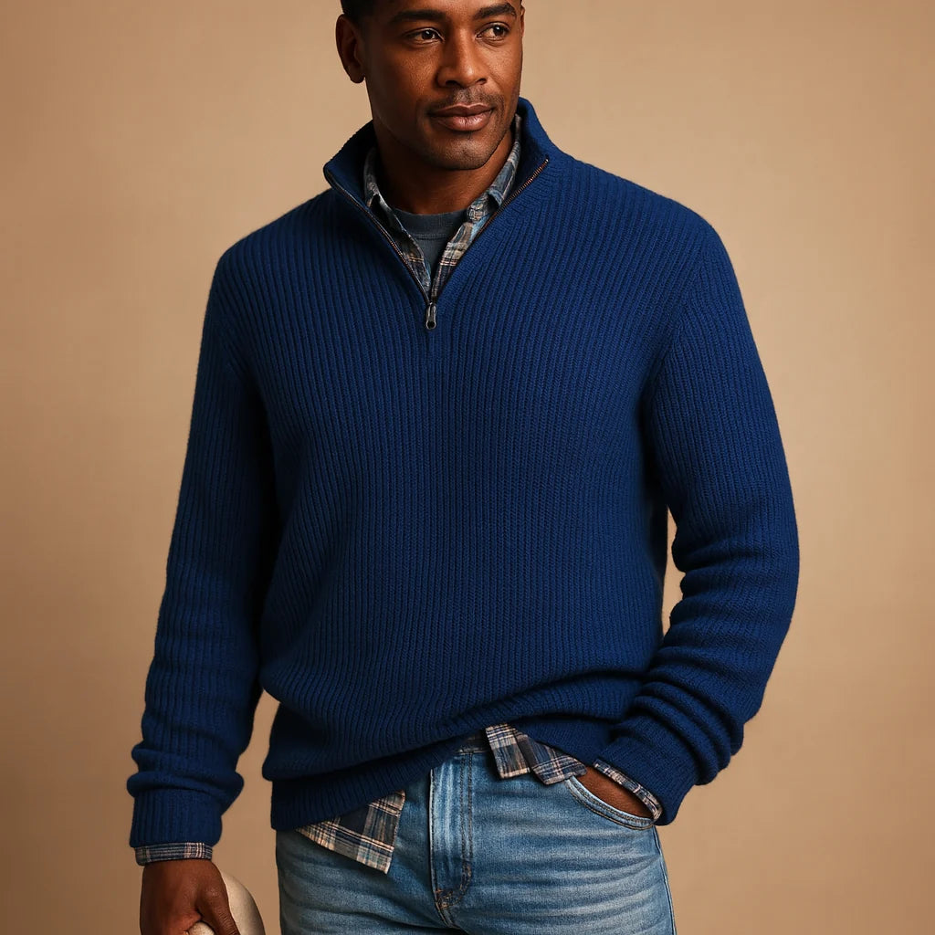 Men's Wool Quarter-Zip Sweater | Ribbed High-Collar Pullover 0