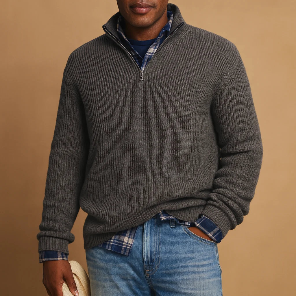 Men's Wool Quarter-Zip Sweater | Ribbed High-Collar Pullover 1