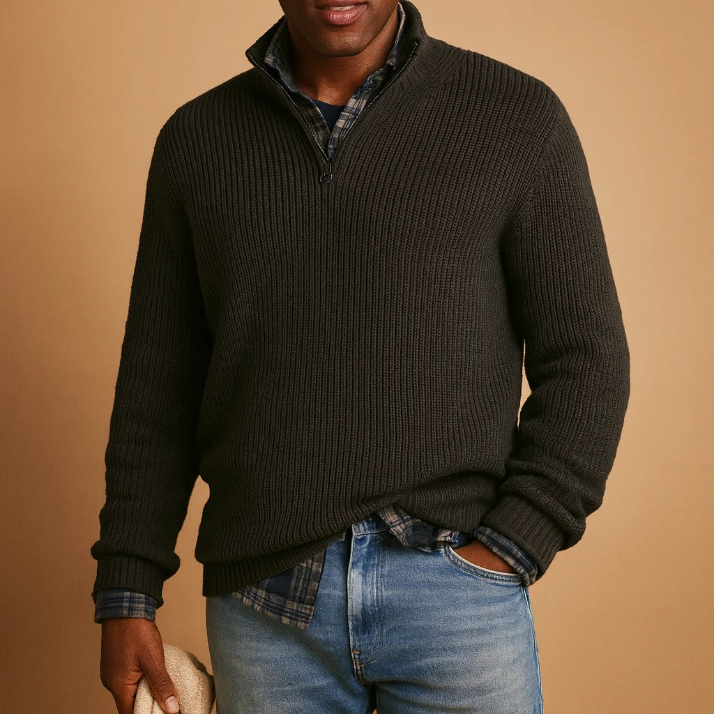 Men's Wool Quarter-Zip Sweater | Ribbed High-Collar Pullover 2