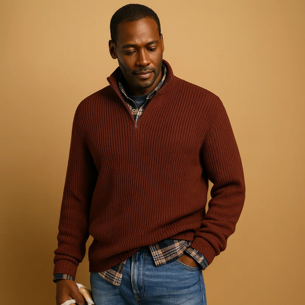 Men's Wool Quarter-Zip Sweater | Ribbed High-Collar Pullover 4