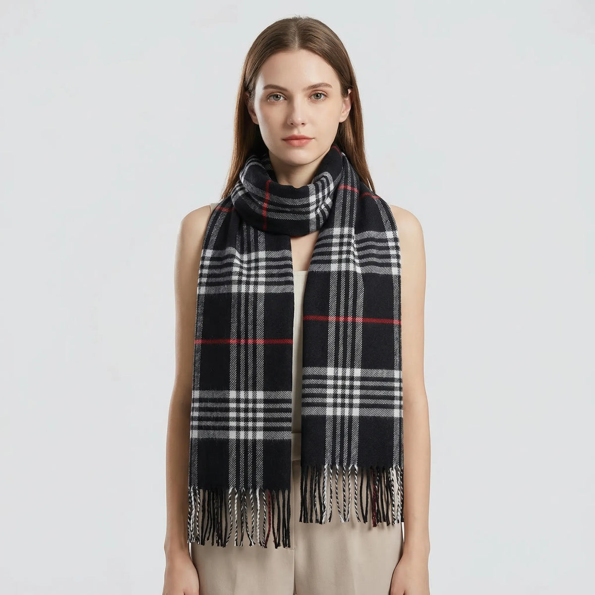 Plaidora | Classic Plaid Fringe Winter Scarf Camel 4