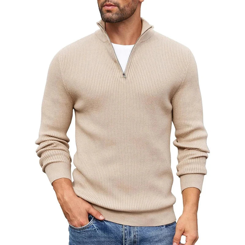 Ribbed Knit Zip-Up Collar Sweater | Men's Slim Fit Pullover 0