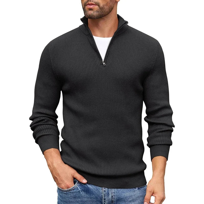 Ribbed Knit Zip-Up Collar Sweater | Men's Slim Fit Pullover 1