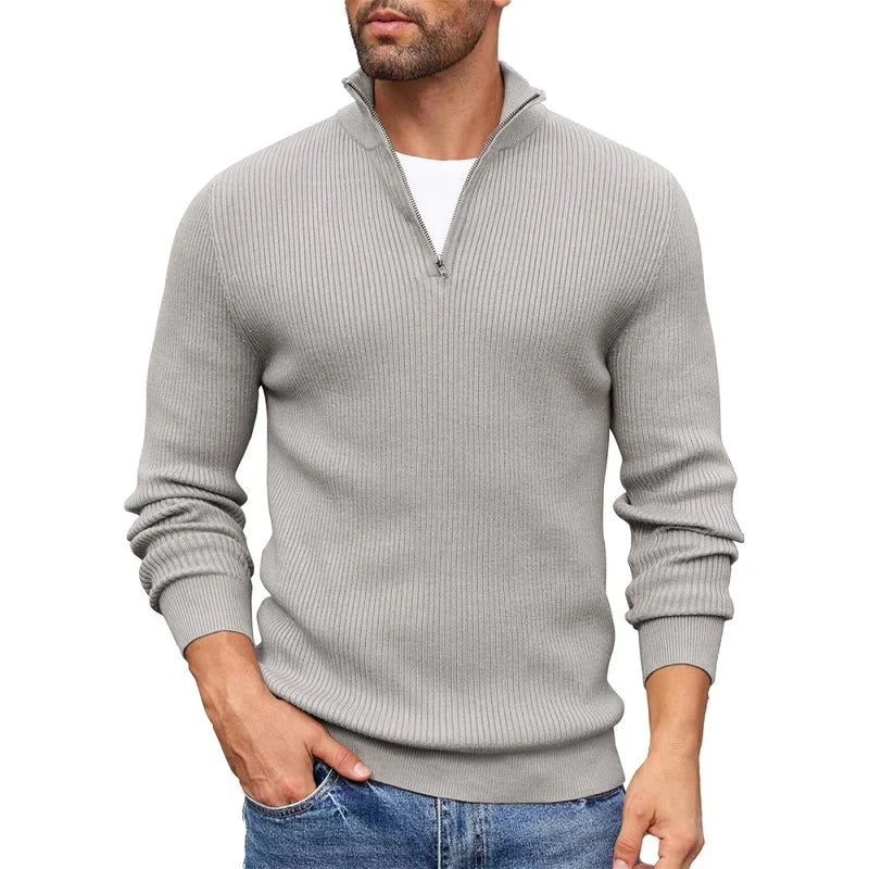 Ribbed Knit Zip-Up Collar Sweater | Men's Slim Fit Pullover 3