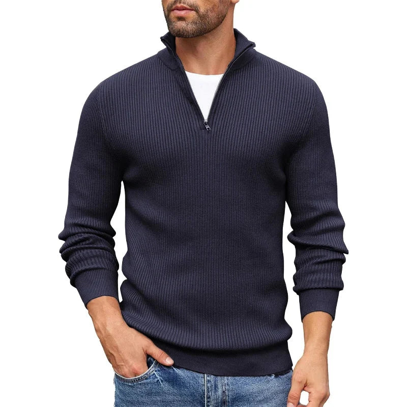 Ribbed Knit Zip-Up Collar Sweater | Men's Slim Fit Pullover 4