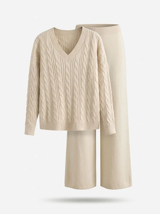 Women's Cable-Knit V-Neck Jumper & Wide-Leg Trousers Set | Women's Clothing 0