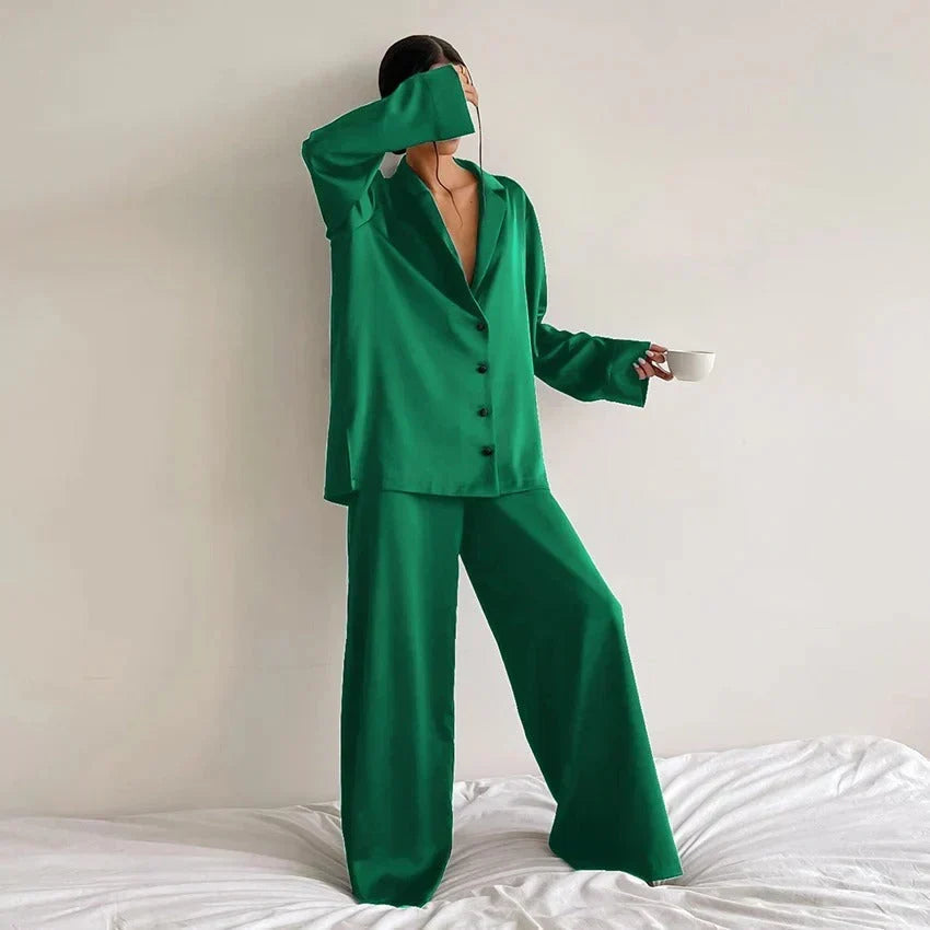 Women's Cotton Pajama Set | Relaxed Button-Up Shirt & Wide-Leg Trousers 2