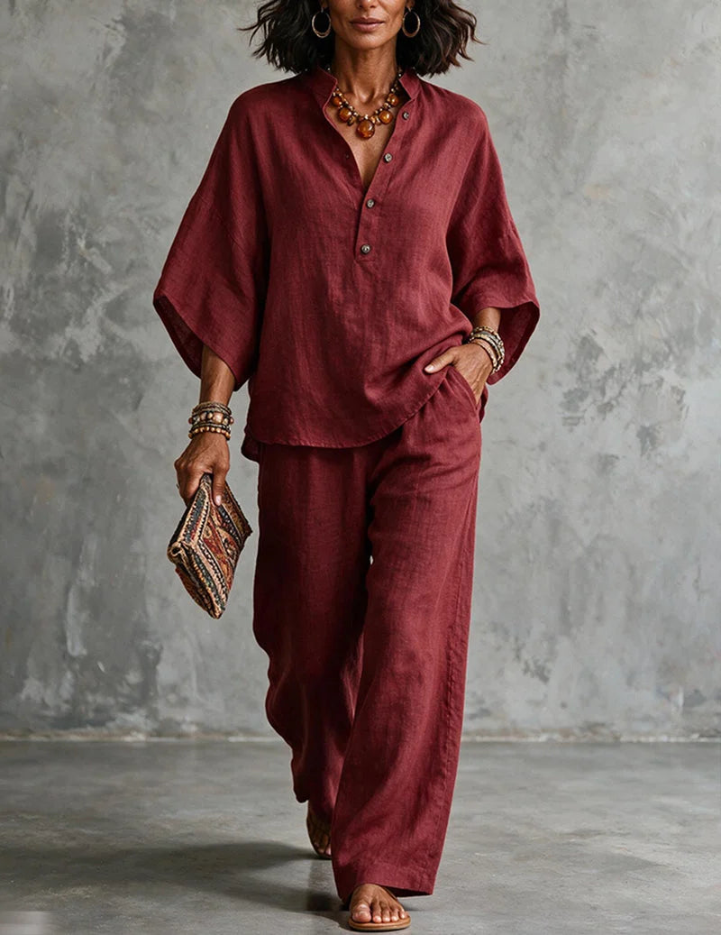 Women’s Linen Batwing Sleeve Top and Wide-Leg Pants Set 2