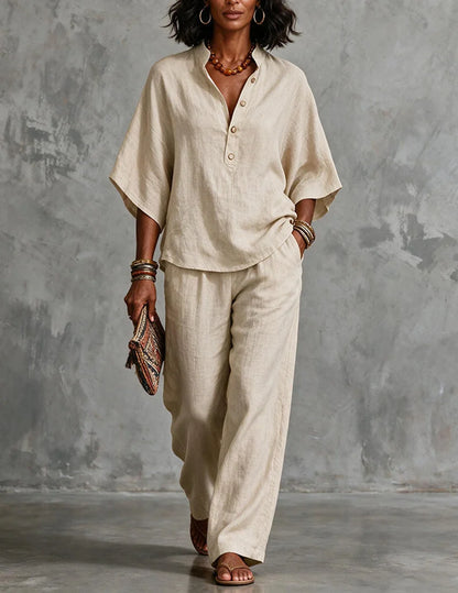 Women’s Linen Batwing Sleeve Top and Wide-Leg Pants Set 3