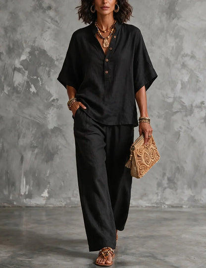 Women’s Linen Batwing Sleeve Top and Wide-Leg Pants Set 4