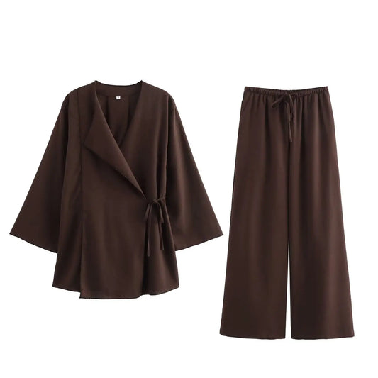 Women's Linen Co-Ord Set | Kimono Wrap Top & Wide-Leg Trousers 0