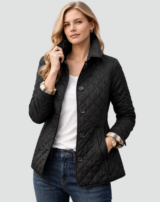 Women's Quilted Jacket Button Front Collared Outerwear 0