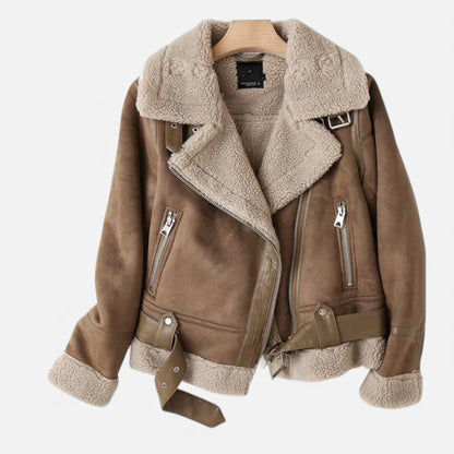 Women’s Suede Lambswool Lapel Jacket | Moto-Style Coat 0