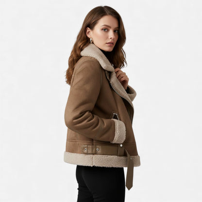 Women’s Suede Lambswool Lapel Jacket | Moto-Style Coat 1