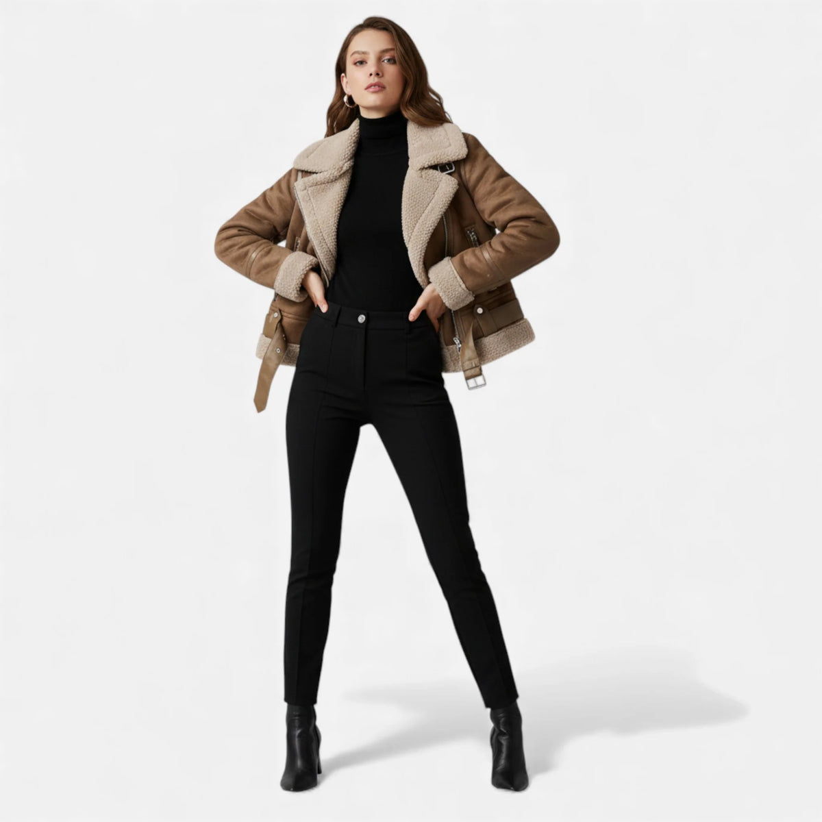 Women’s Suede Lambswool Lapel Jacket | Moto-Style Coat 2