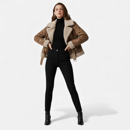 Women’s Suede Lambswool Lapel Jacket | Moto-Style Coat 2