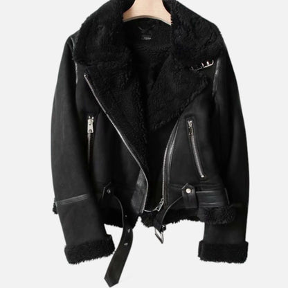 Women’s Suede Lambswool Lapel Jacket | Moto-Style Coat 6
