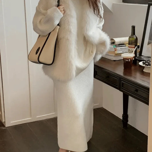 Women's Sweater Set | Ribbed Knit Sweater and Midi Skirt 0